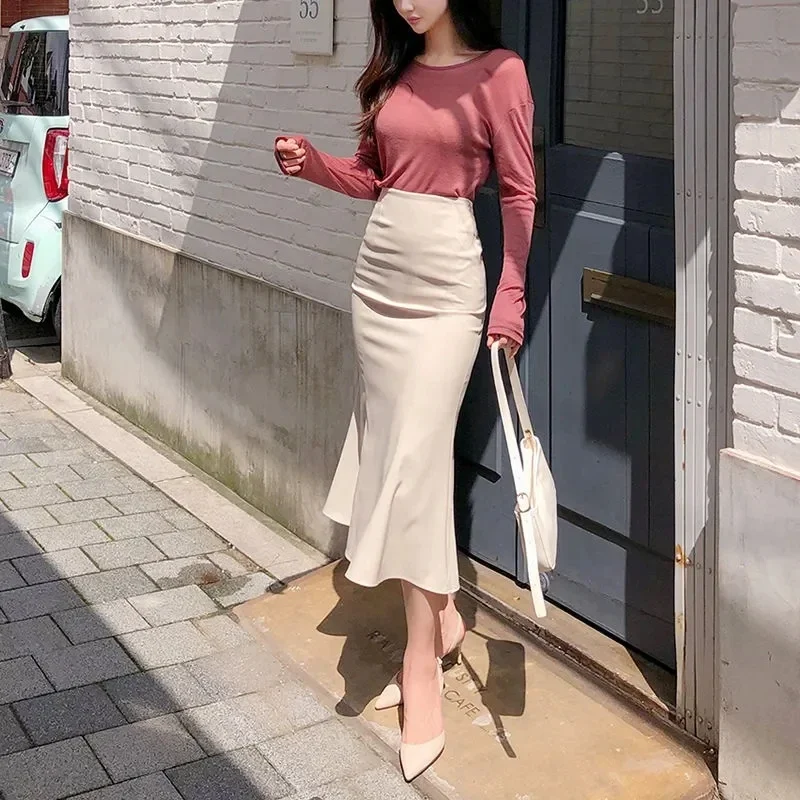 Slim Mermaid Unlined Skirts Women Elastic High Waist Luxury Thin Summer Faldas Solid Color Sexy Long Trumpet Skirt Lady Z567