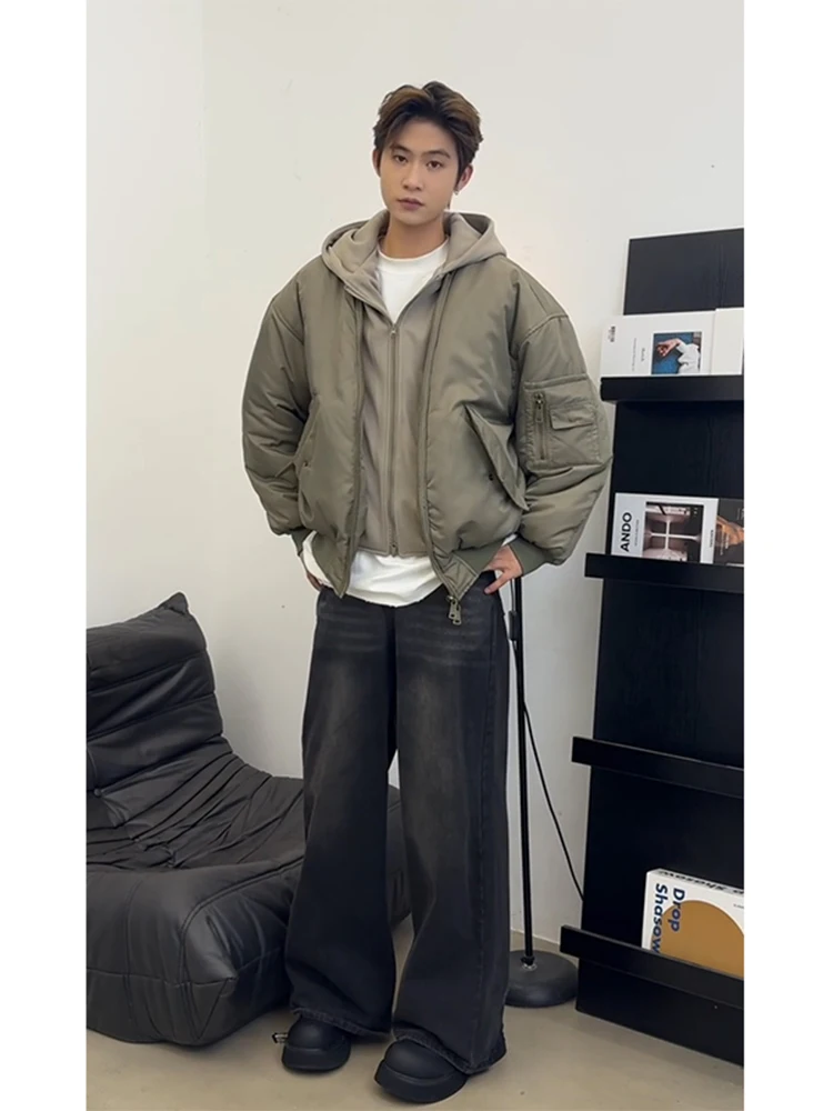 

Мужская зимняя куртка-бомбер из хлопка в американском стиле, с капюшоном, в стиле пэчворк, бейсбольная, свободного кроя, для подростков, повседневная, из полиэфирного волокна