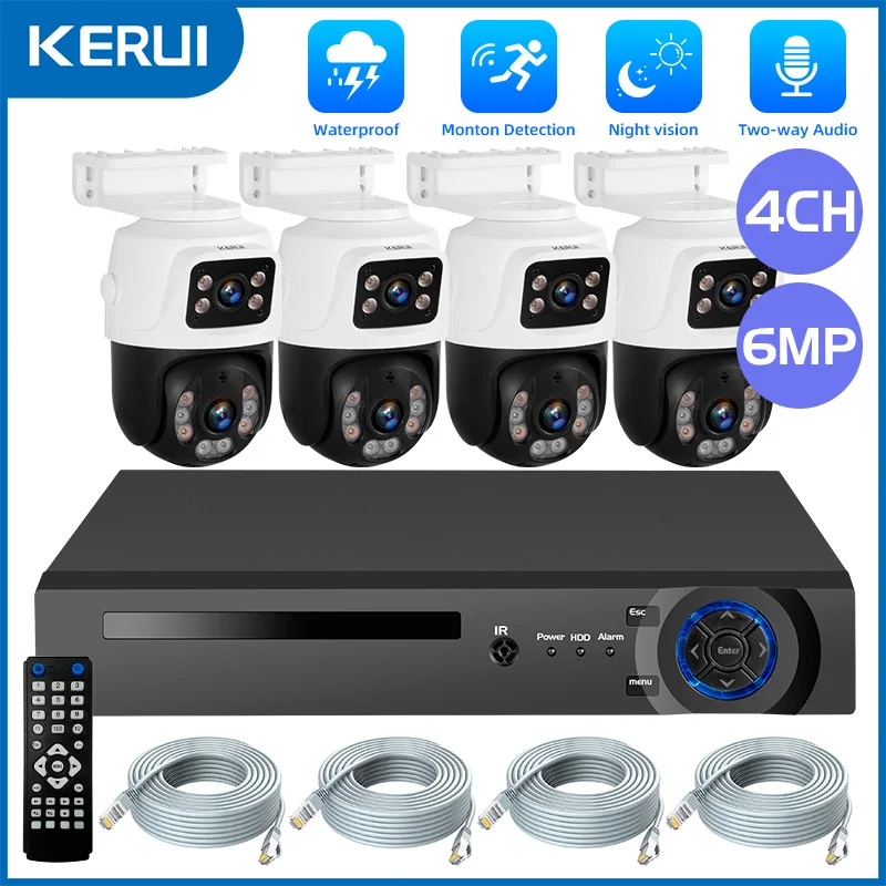 KERUI 6MP Full HD Dual Lens PTZ Camera 4CH POE NVR Home Security Camera System Kit Surveillance CCTV H.265 Remote Controller