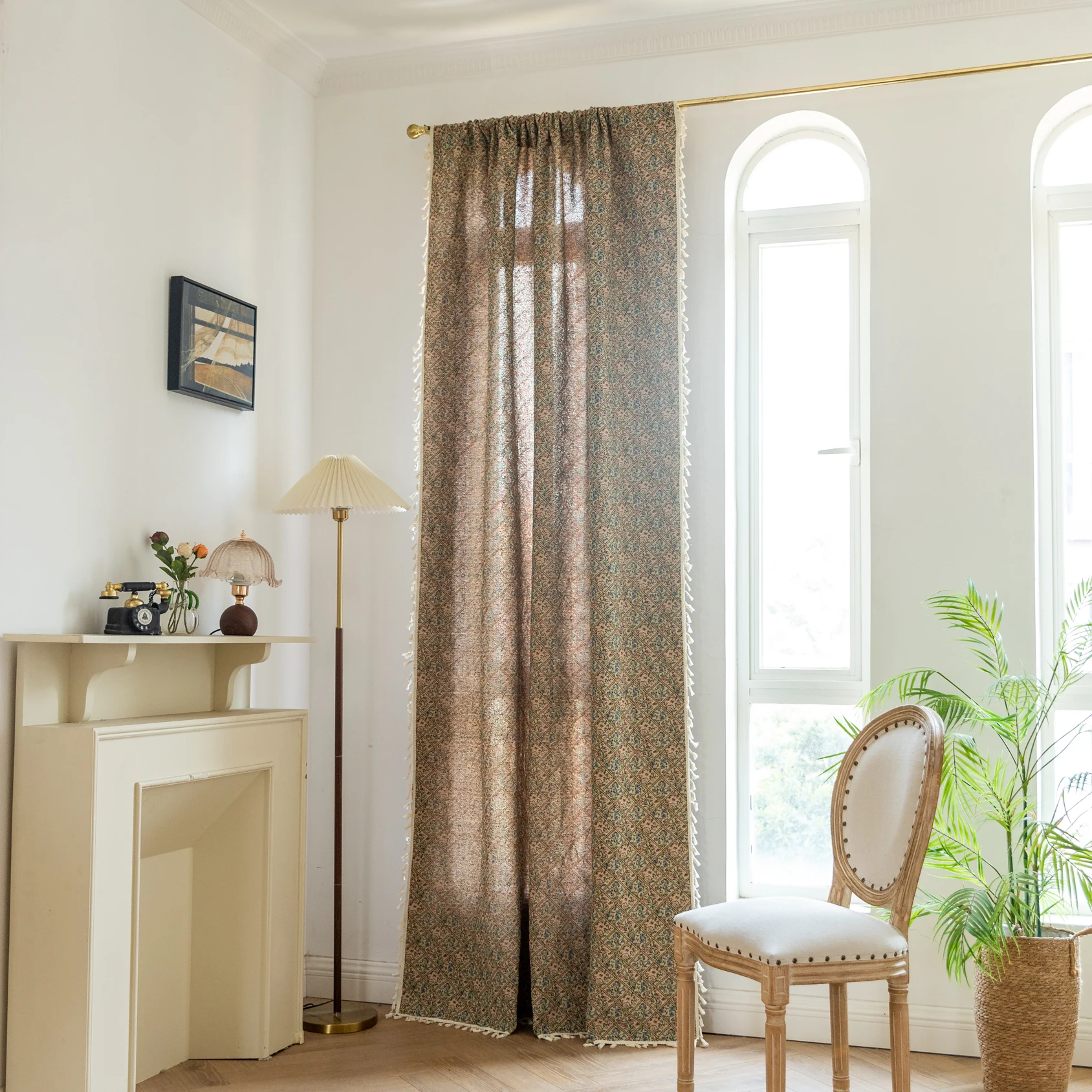 Boho Cotton Curtains with Tassels, Minimalist Window Drapes for Living Room, Textured Burnt Orange & Neutral Tassel Drapes