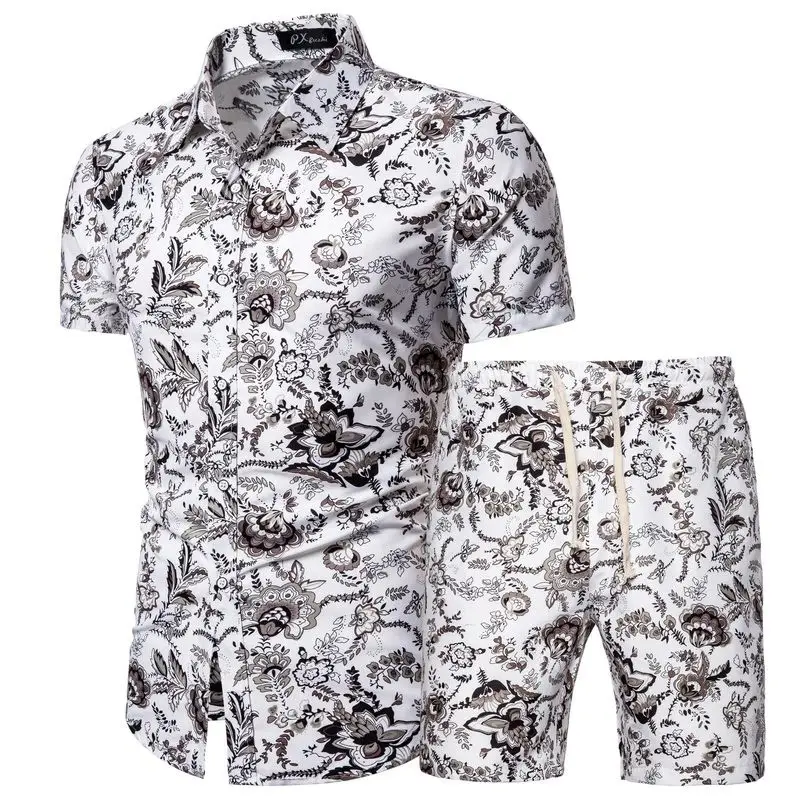 Hawaii 2 Pcs Men Luxury chain Beach Outfits 3D Print Short Sleeve Lapel Button Down Shirt + Drawstring Shorts Male Clothes Sets