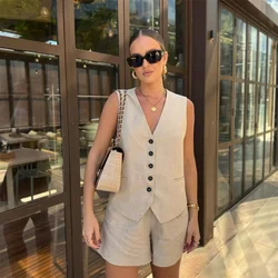 Taop&Za 2024 Summer New Product Women's Fashion Casual V-neck Single breasted Solid Color Tank Top High Waist Shorts Set