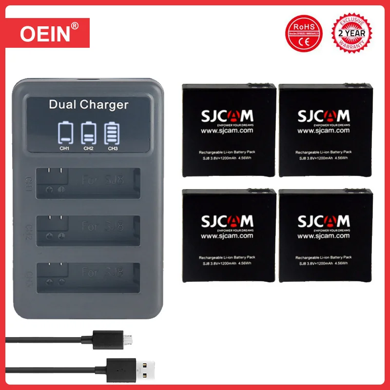 4 шт., 1200 мАч, аккумулятор SJ8 + светодиодное зарядное устройство для SJCAM SJ8 Air, SJ8 Plus, SJ8 Pro, аксессуары для экшн-камер