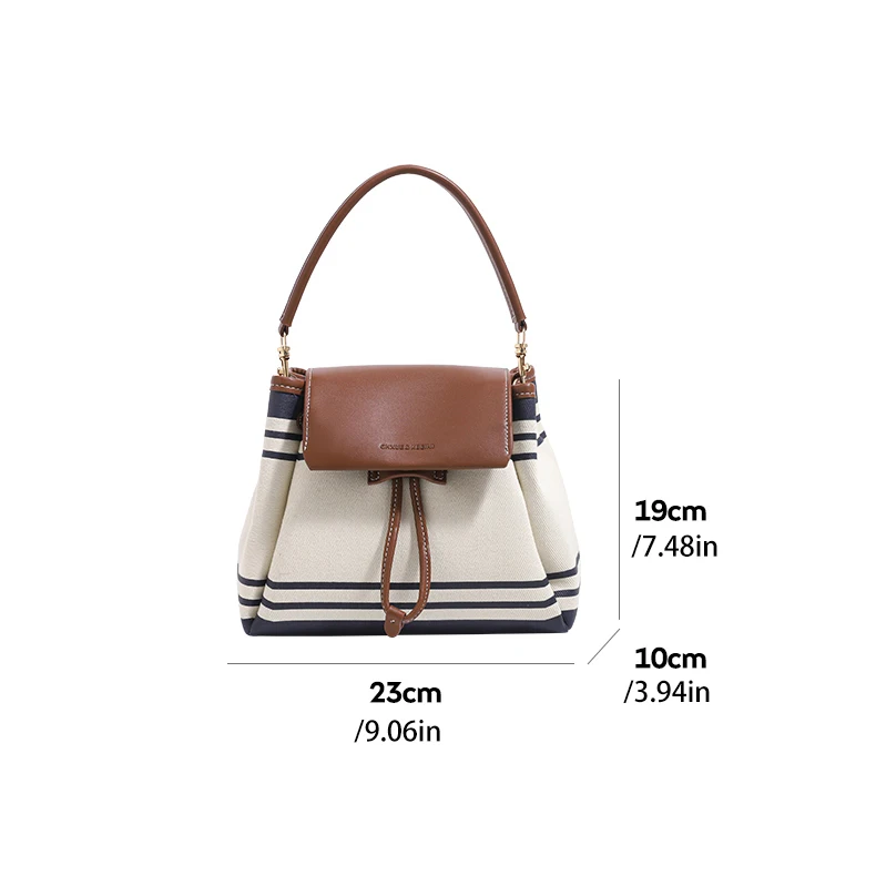 European and American Retro College-Style Striped Canvas and Leather Flap Drawstring Bucket Bag, Lightweight Dual-Use Shoulder and Crossbody Small Bag for Women, Mini Backpack for Students' Daily Commuting and Outings, with Interchangeable Shoulder Straps