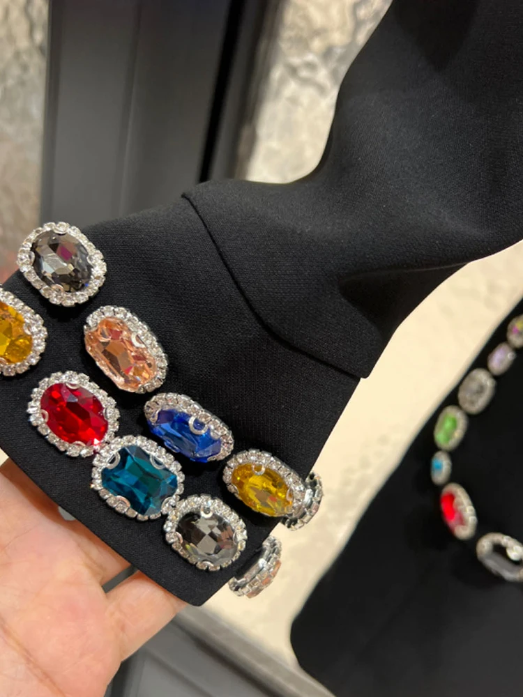GALCAUR Patchwork Diamonds Slimming Dresses For Women Stand Collar Long Sleeve High Waist Elegant Hit Color Bodycon Dress Female