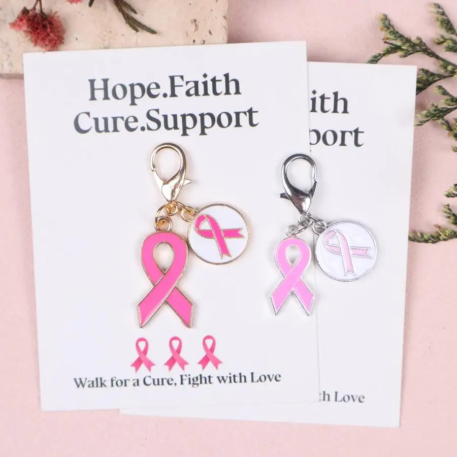 1/5/10/20/50/100pcs s s s Breast Cancer Prevention October Inspirational Pink Ribbon And Magenta Ribbon Keychain Set. 