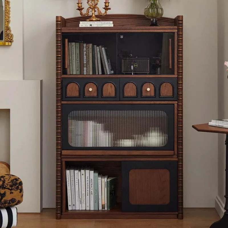 Retro solid wood retractable bookcase, small apartment living room household French dining side cabinet, bedroom bedside cabinet