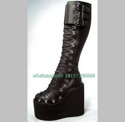 Lady black PU wedges heel platform knee boots sexy black punk style design buckle strap boots Gothic Y2K lace-up boots size 46