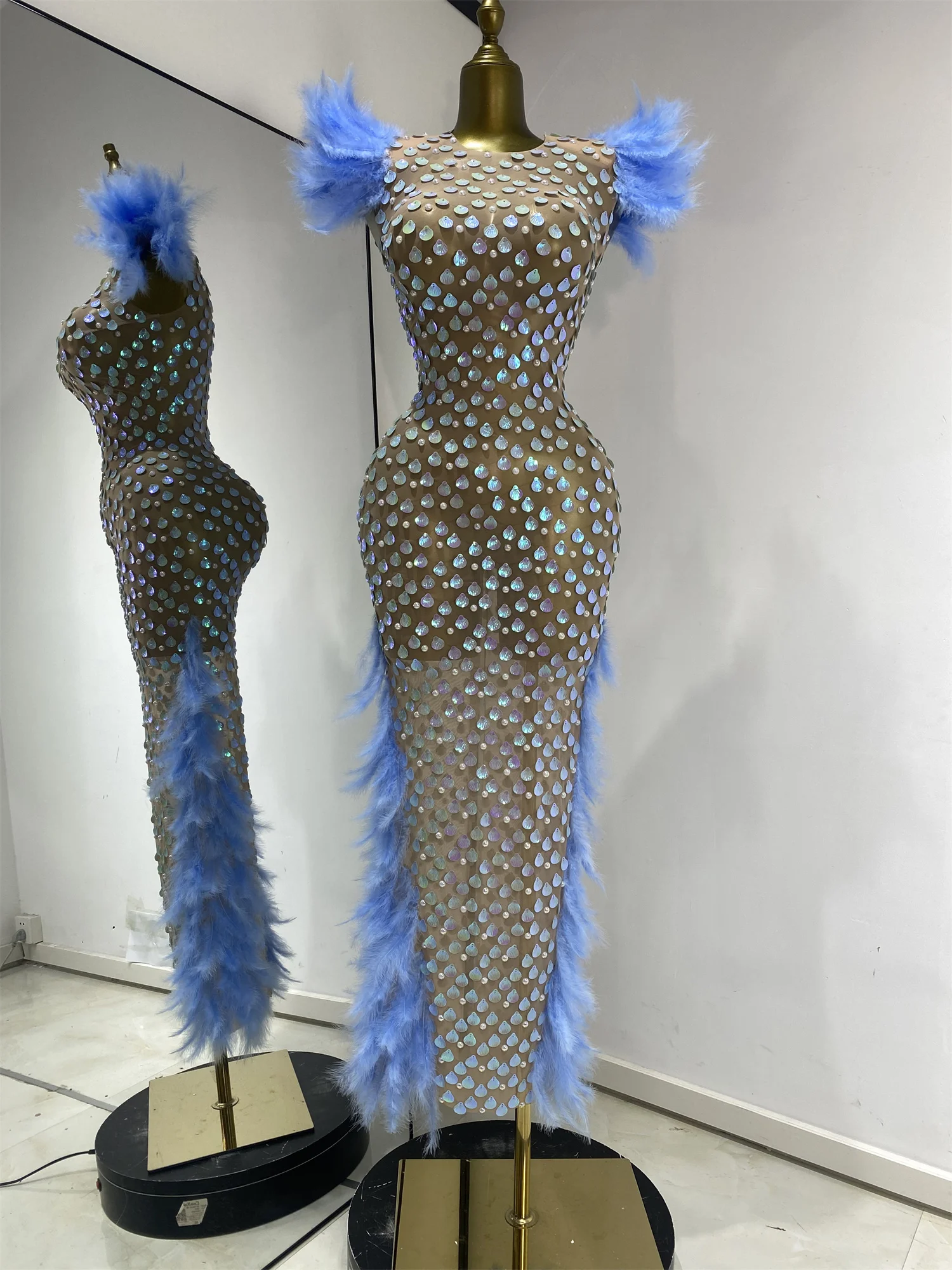 transparent glitter dress Women Luxury Party Blue Feathers Shell Sequins Pearls Sheer See Through Evening Runway Dress Shoot formal formal dresses