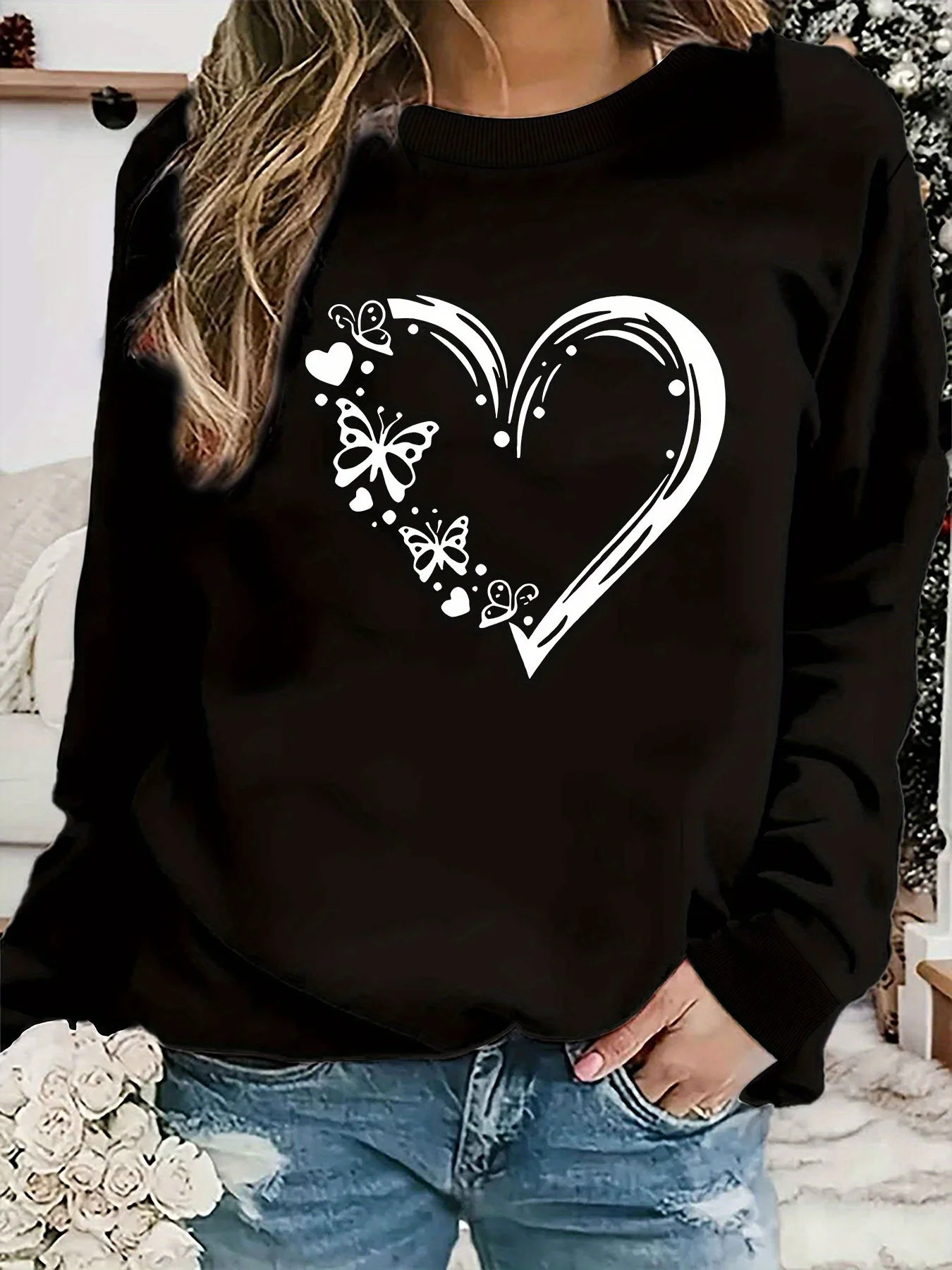 Love Butterfly Print Casual Autumn Winter Warm Base Layer round Neck Long Sleeve Sweatshirt Design Sense Wholesale