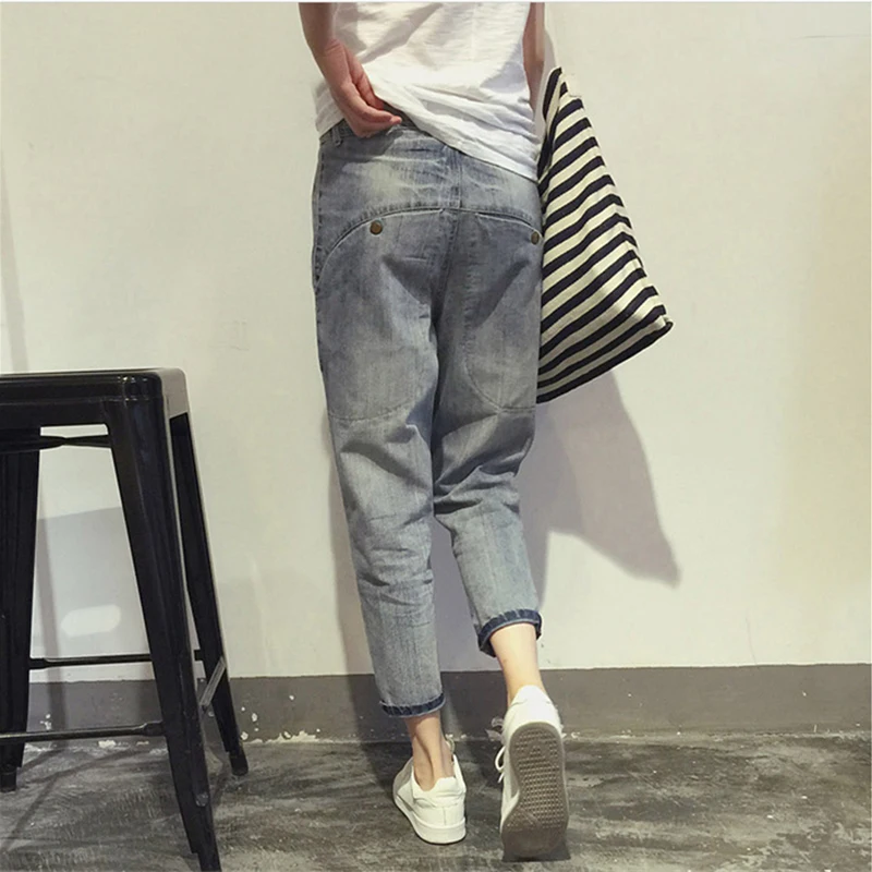 16023 Women\'s Jeans Spring Korean Style Loose Office Ladies Streetwear Solid Color Light Blue Elastic Bleach Scratch Denim Pants