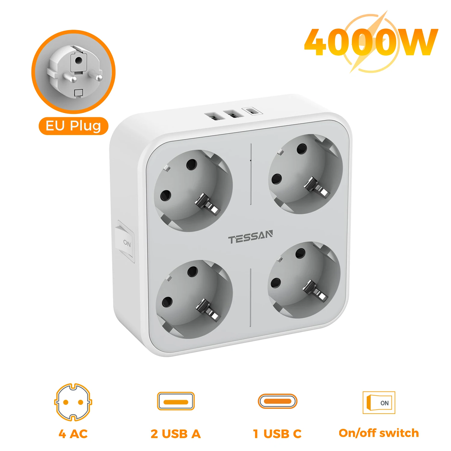 TESSAN USB-wandcontactdoos met 3 AC-aansluitingen, 3 USB-poorten, EU-stekker, wandcontactdoos met schakelaar voor thuis en op reis