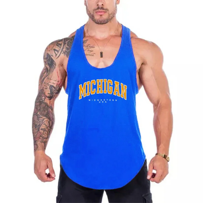 Michigan Midwestern USA Print Gym Clothing Mesh Fitness Tank Top Men Bodybuilding Sleeveless Shirt Y-Back Workout Stringer Vests