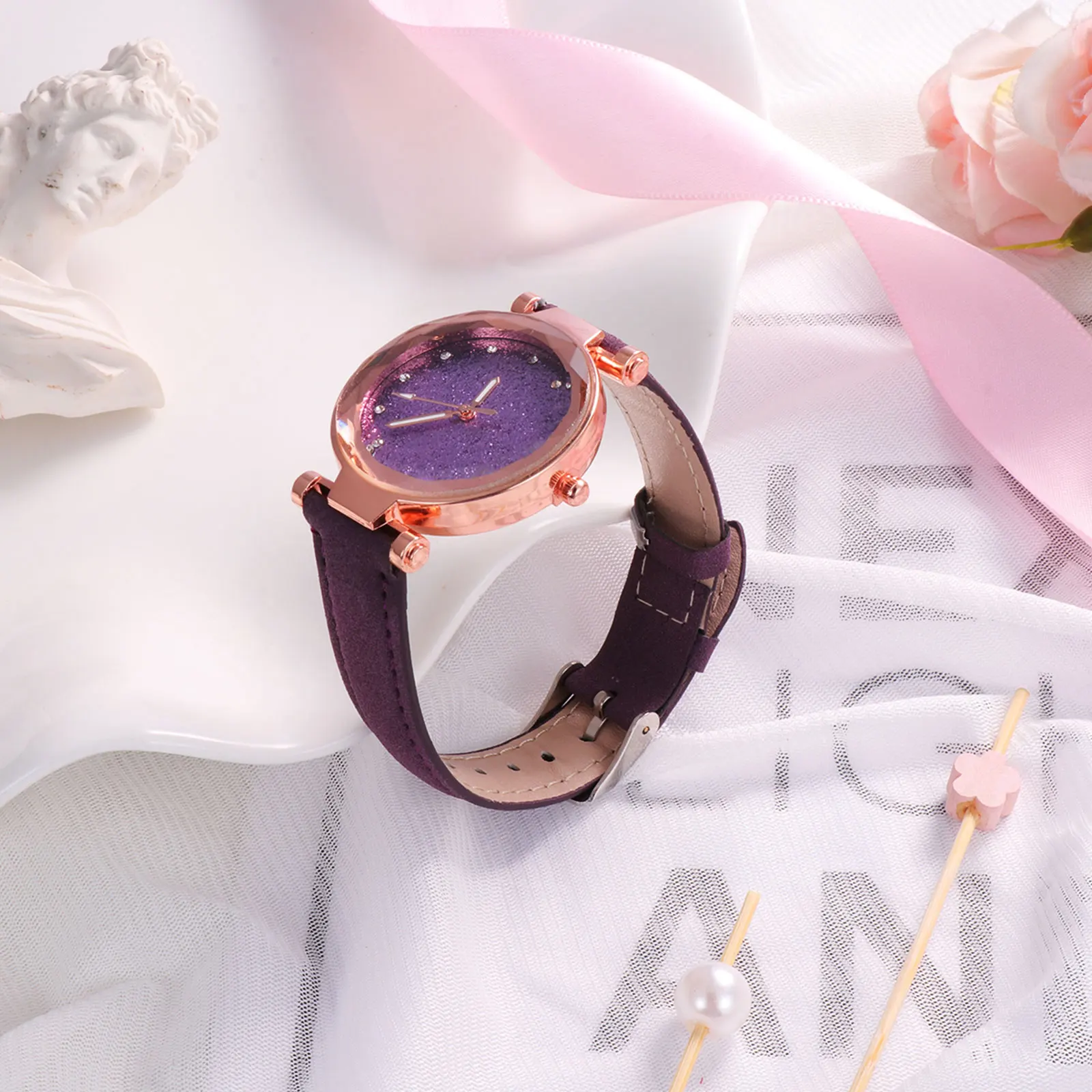 

2pcs Women Quartz Watch Glittering Durable Wristwatch For Female Birthday Gift Purple Brown Timepiece