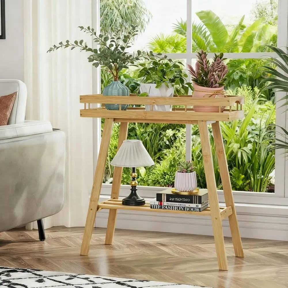 

Двухуровневая подставка для растений из бамбука, высокая полка для небольших растений, декор для гостиной, натуральный стиль