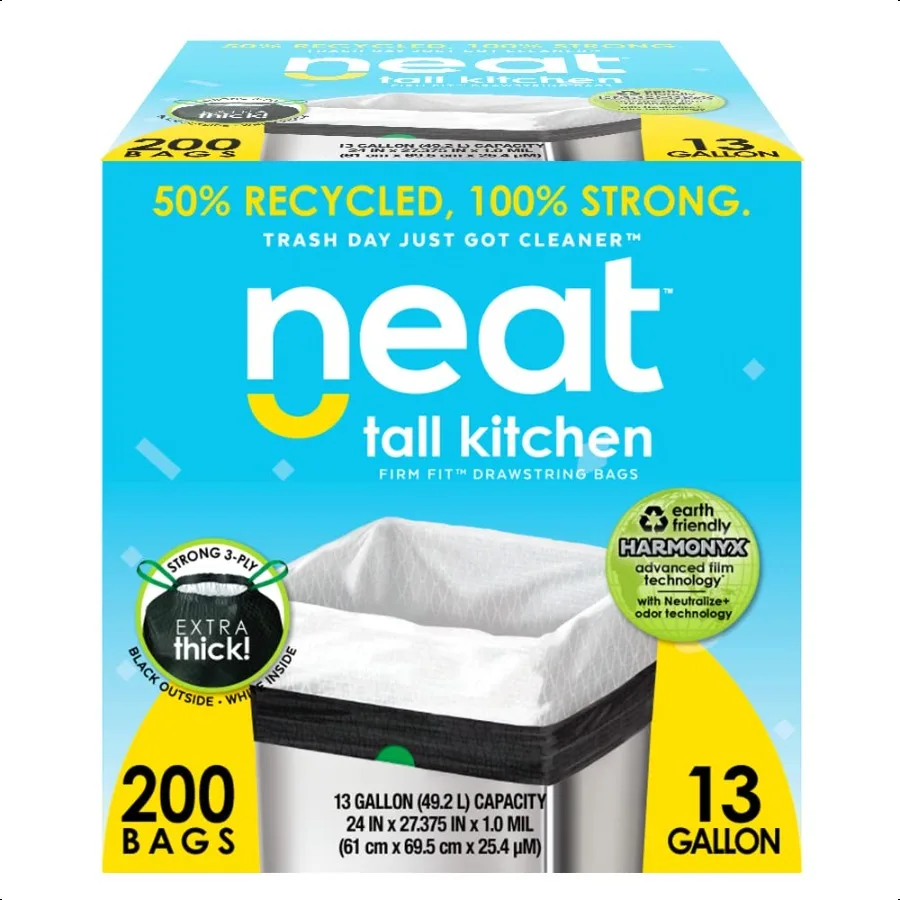 

Neat Tall Kitchen 13 Gallon Drawstring Trash Bags MEGA 200 Count Triple Ply Fortified EcoFriendly 50 Recycled Material Neutrali