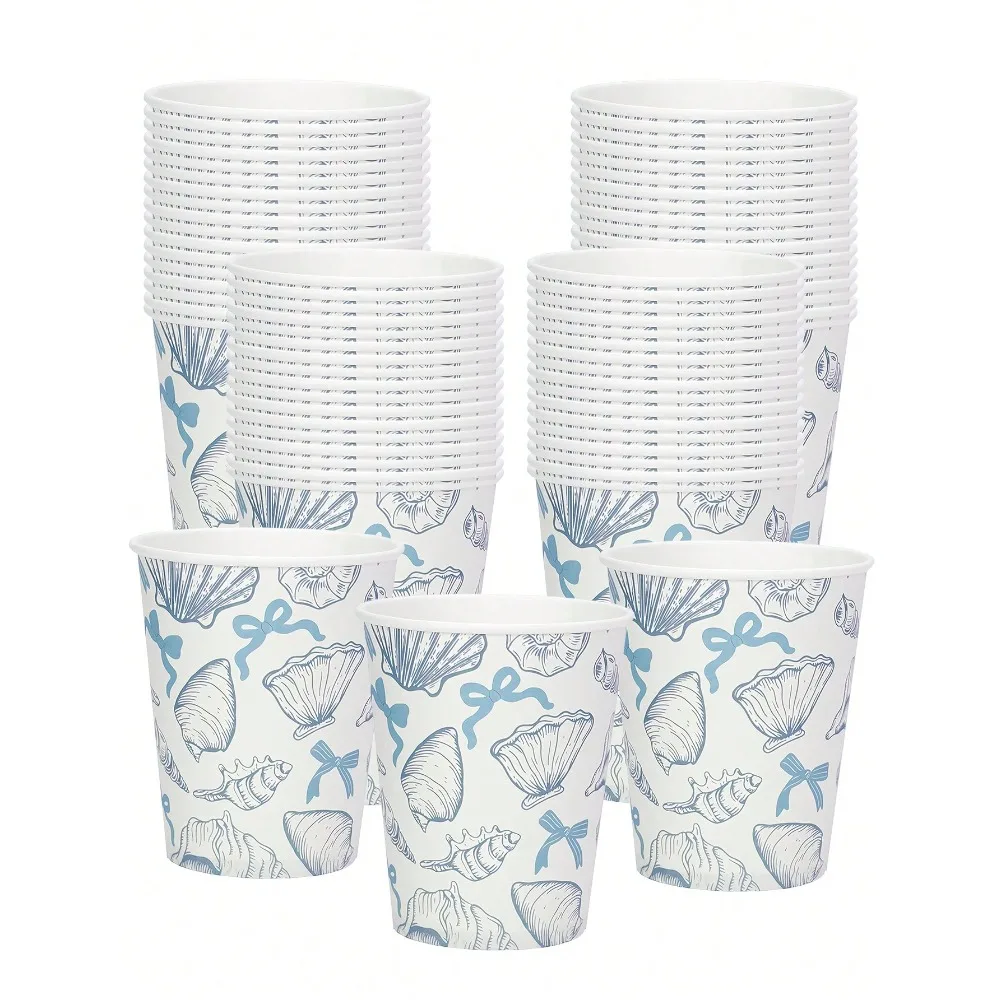 

6pcs/12pcs/24pcs Coastal Seashell Themed Paper Cups, Disposable Beverage Cups Party Supplies, Ideal For Water, Juice, Cocktails, Perfect For Beach Weddings, Bridal Showers, Engagement Parties Birthday & Nautical Event Table Decorations