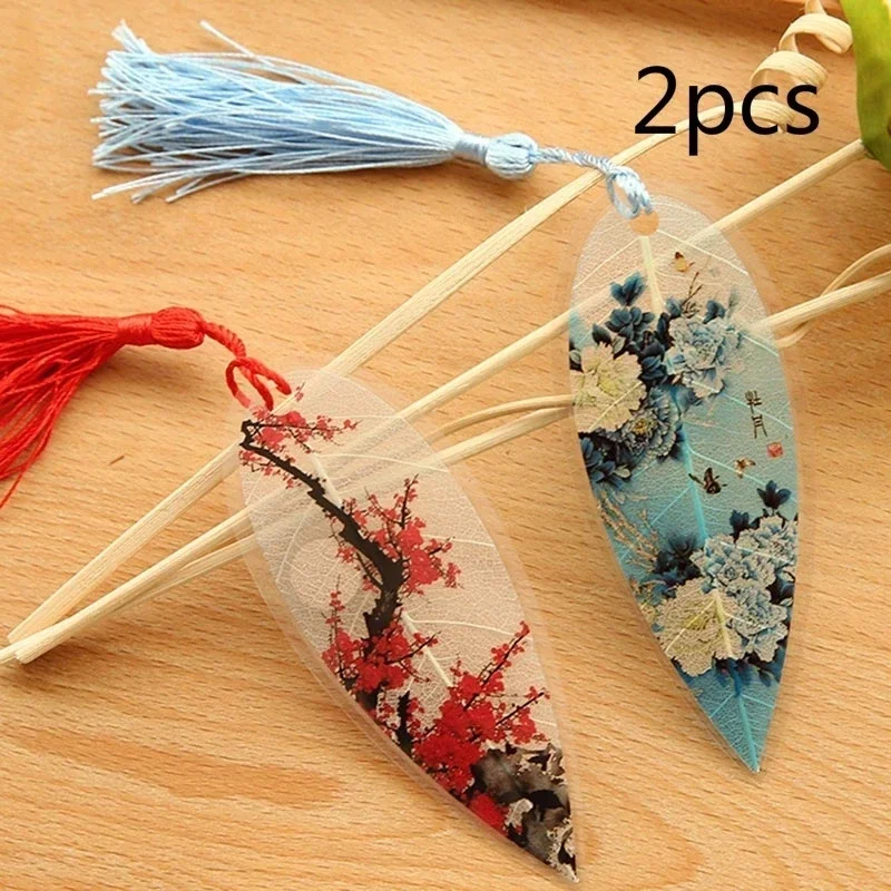 2Pcs Classical Elegance Creative Tassel Bookmark Chinese Wind Natural Collectibles Leaves Vein Bookmarks Creative Stationery