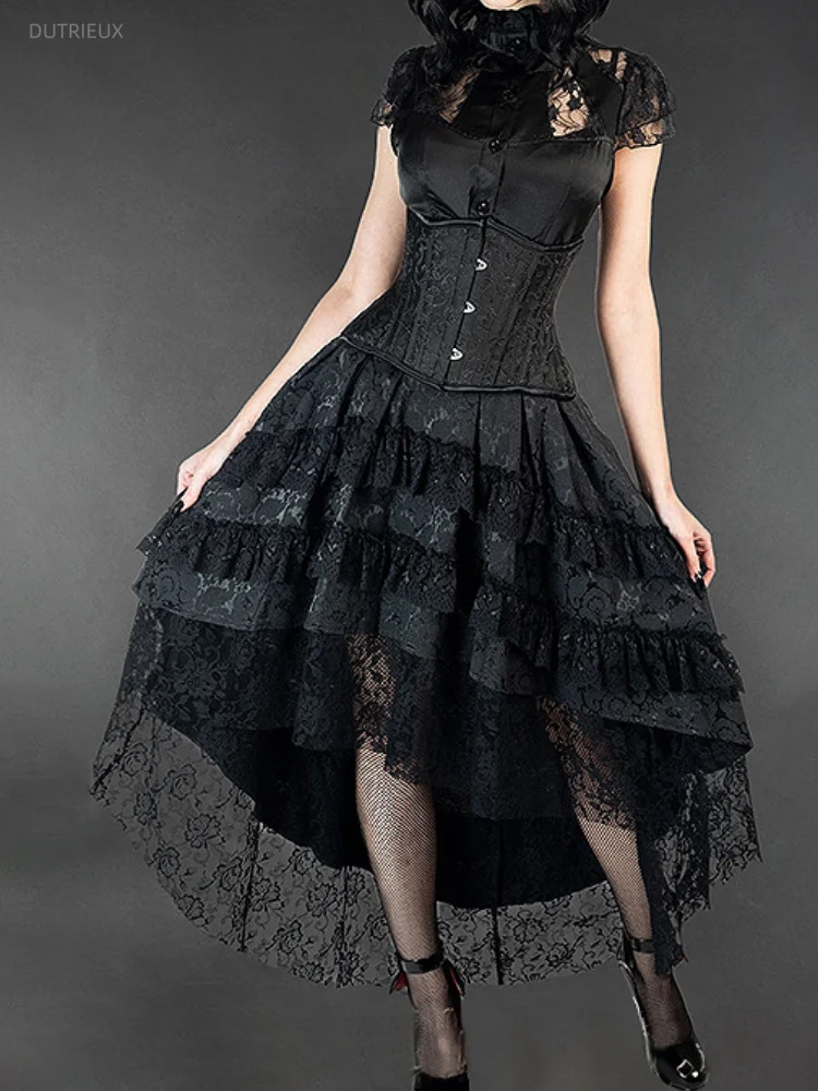 Women Harajuku Black Printing Skirts Lace Patchwork Vintage Gothic Streetwear Lace Patchwork Jupe Y2k Aesthetic Grunge Faldas
