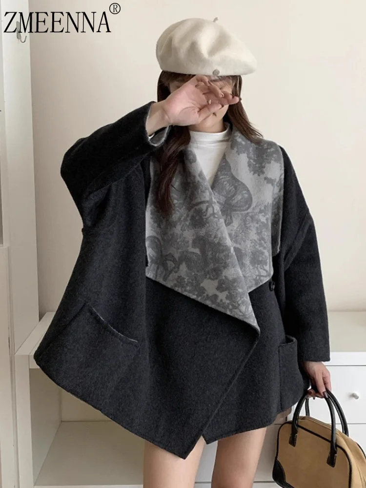 

ZMEENNA женское короткое шерстяное пальто с шальным воротником с принтом и открытым передом, теплая зимняя верхняя одежда, серая элегантная ZM4417