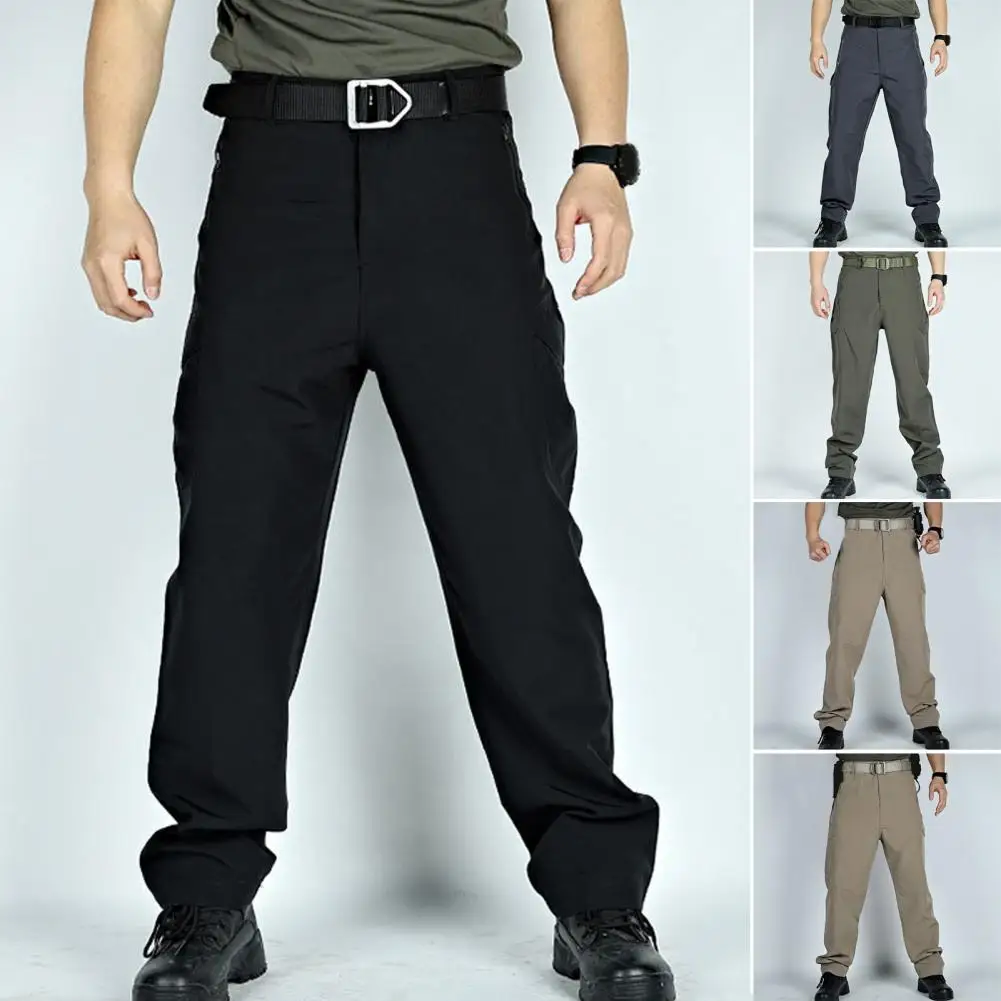 Men Cargo Pants Mid-rise Button Zipper Fly Outdoor Casual Pants Pockets Wide Leg Quick Drying Sport Long Trousers