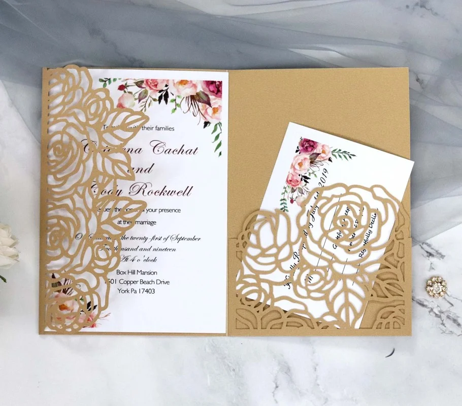 100pcs Laser Cut Rose Wedding Invitations Card With RSVP Cards Envelope Pocket Personalized Birthday Mariage Party Supplies