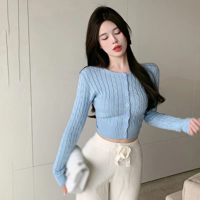 Women\'s Solid Knitted Cardigan Korean Version Soft Sweater Vintage Slim Fit Short Round Neck Elegant Autumn Outfit All-Match