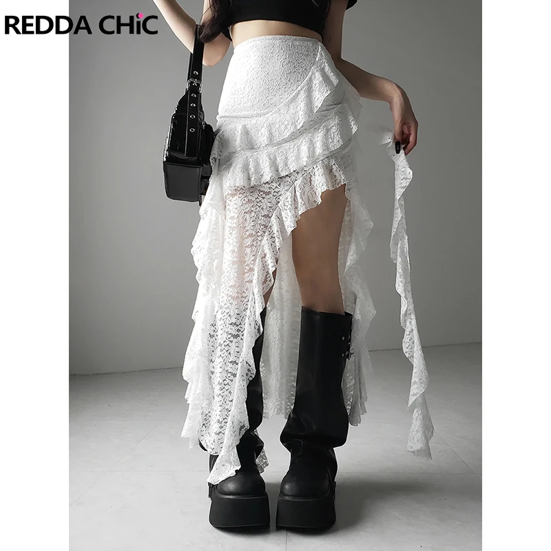 REDDACHiC Women White Swallowtail Skirt Floral Lace Layered Ruffle Flowy Fringe Hem Bodycon Skirt Party Concert Summer Clothes