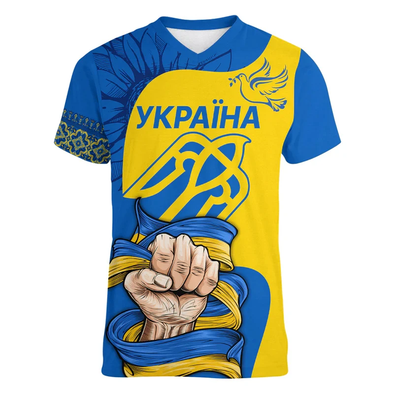 UKRAINE Men's T-Shirt Summer Short Sleeve Ukraine UK National Emblem Flag 3D Print Fashion V Neck Pullover Shirt Men's Clothing