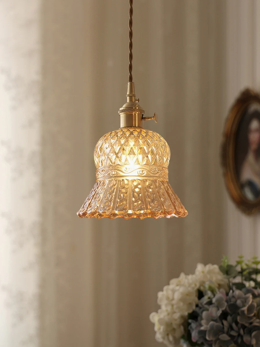 Multi-style Pendant Light Amber Glass Lmapshade Brass Vintage Bedside Lamp Adjustable Hanging Light Kitchen Island Dining Room