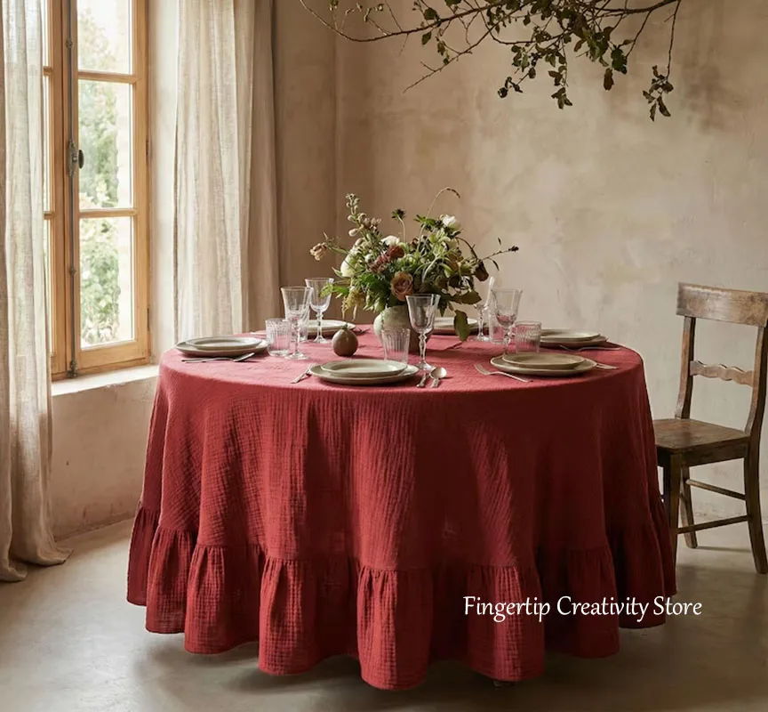 Bohemian Ruffled Tablecloth,Natural Cotton Muslin Table Cover,Soft Gauze Kitchen Cloth,Farmhouse Table Wedding Table Decor