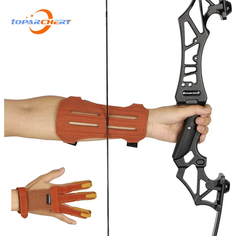 3 Finger Tip Protect Archery Protective Glove Arm Guard Horse Leather Finger Tab Protector  for Recurve Longbow Hunting Shooting