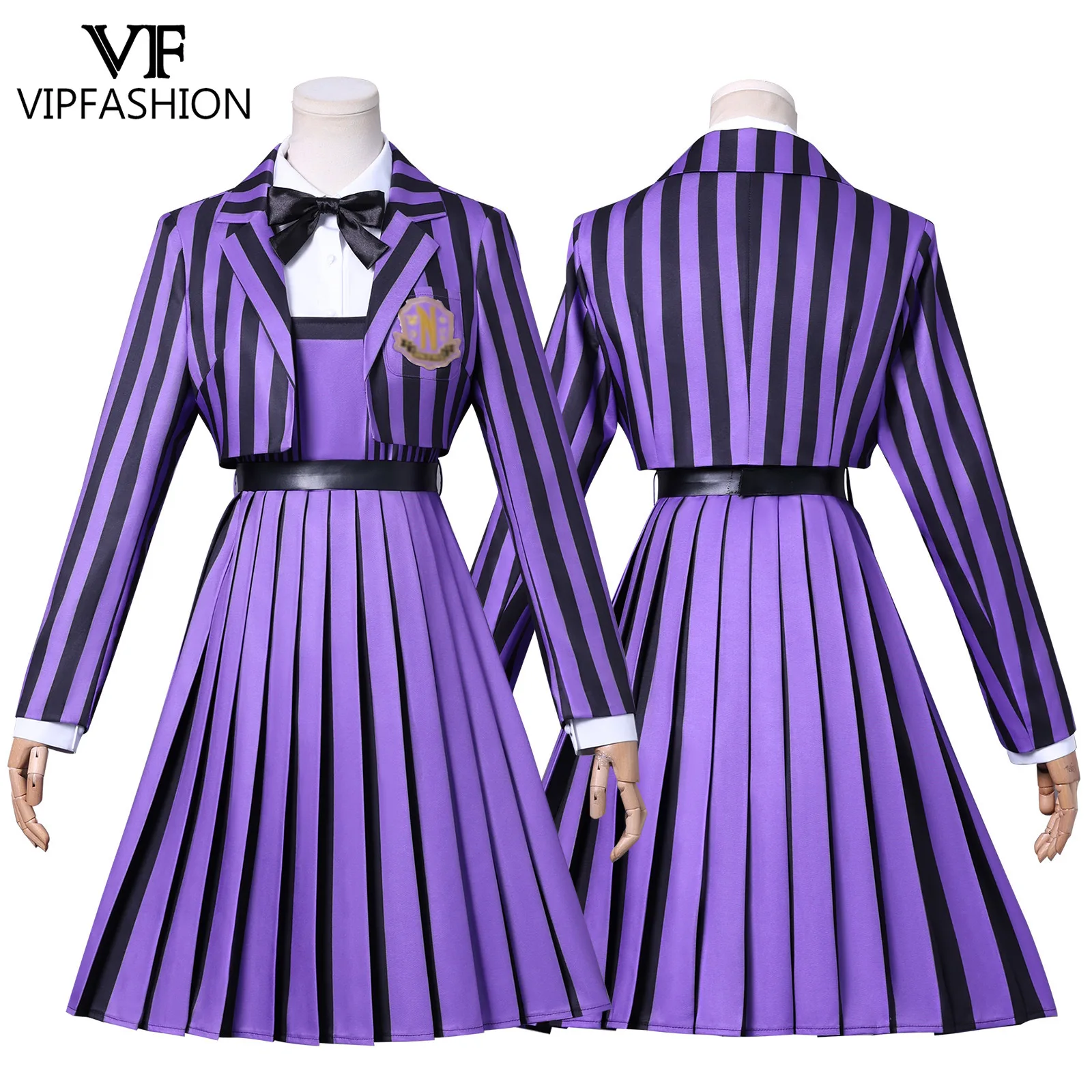 VIP FASHION Halloween الأم Daughter Enid Sinclair ‌   أزياء تنكرية للنساء سترة مخططة أرجوانية فستان مناسب للحفلات للفتيات