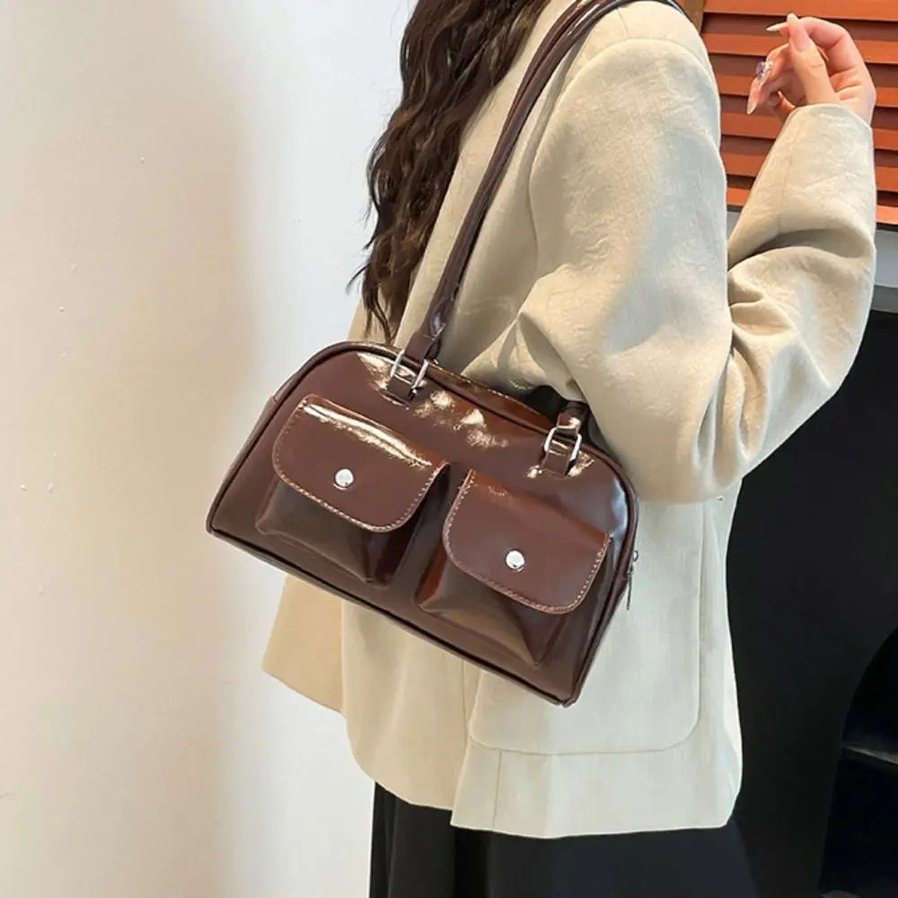 

Корейский стиль, сумка для боулинга из искусственной кожи, однотонная карманная сумка Boston, сумка-тоут с дизайном меньшинств, портативная сумка для подмышек во французском стиле