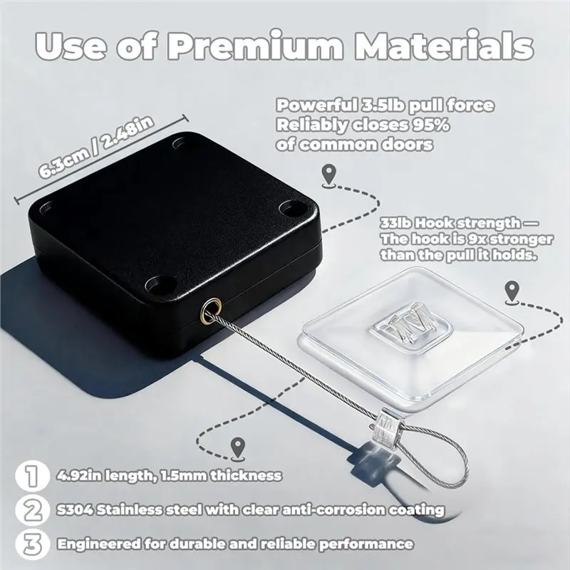 Exquisite-Automatic Door Closer Retractable 4 Pcs Tool-Free Installation, Powerful 3.5Lb Pull Shuts Doors Completely