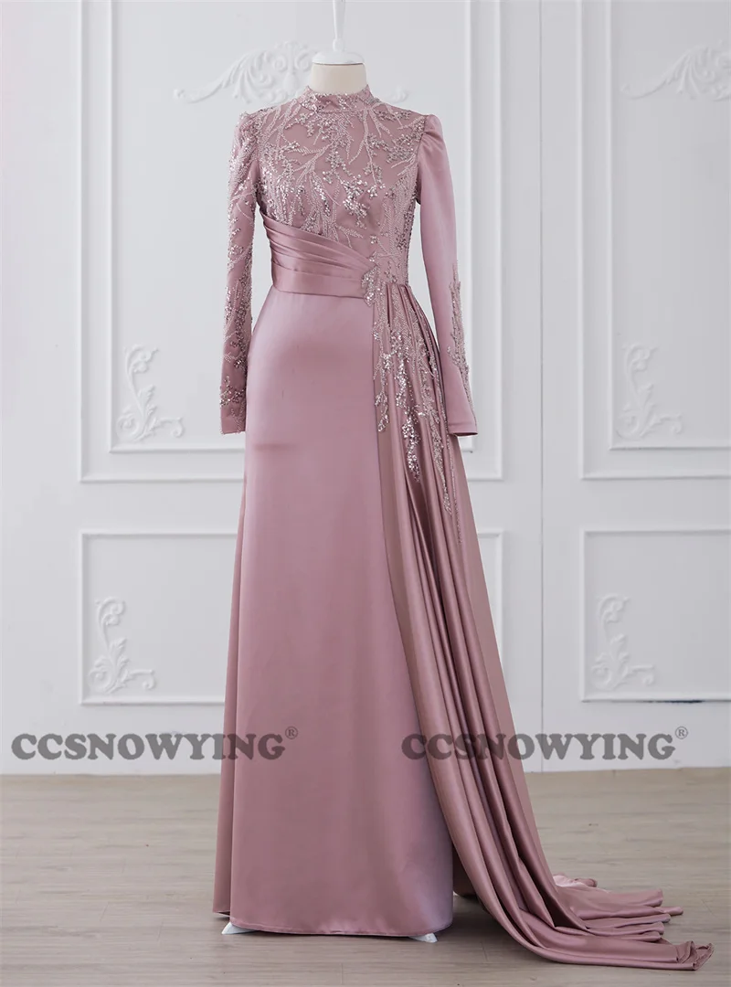 

Long Sleeve Hijab Muslim Evening Dresses Islamic Satin Appliques Beaded Women Formal Party Gown Arabic Dubai Robes De Soirée