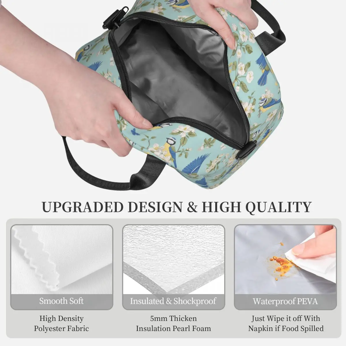 Large Lunch Boxes With Adjustable Shoulder Strap Beautiful Tits Bird Accessories Blooming Trees Lunch Food Box Thermal Cooler