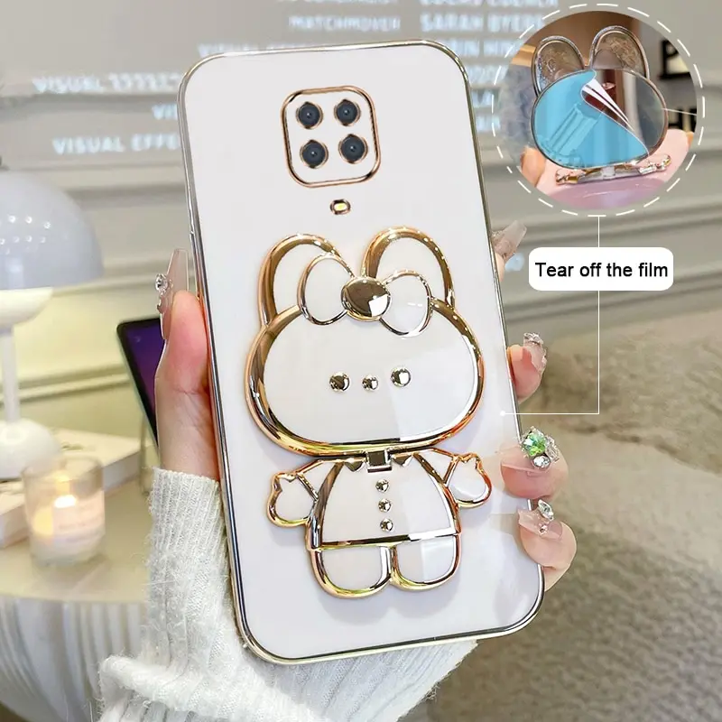 Makeup Mirror Phone Case For Xiaomi Redmi Note 9S Redmi Note 9 Pro Max Plating Cartoon Rabbit Folding Bracket Phone Case Cover