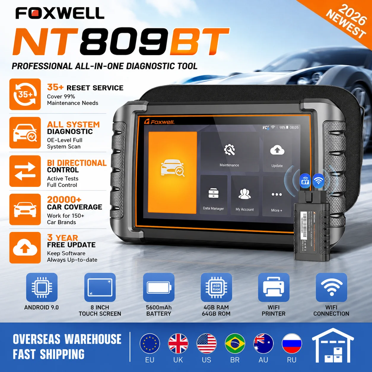 

Full System Car OBD2 Diagnostic Scanner FOXWELL NT809BT Bidirectional 30+ Resets Oil DPF CAN FD DOIP Bluetooth Code Reader