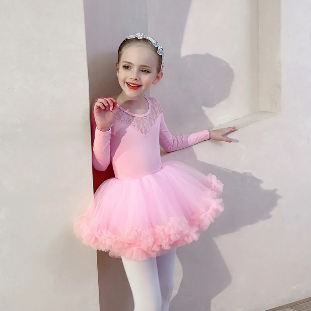 Maillot de Ballet para Niñas, Ropa de Danza, Falda de Ballet de Encaje Rosa de Manga Larga para Otoño/Invierno, Práctica y Exámenes de Graduación, Vestido Tutú