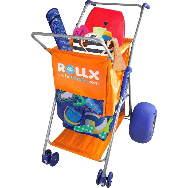 Beach Cart with Big Balloon Wheels for Sand, Foldable Storage Wagon with 13 Inch Beach Tires (Pump Included) (Orange)