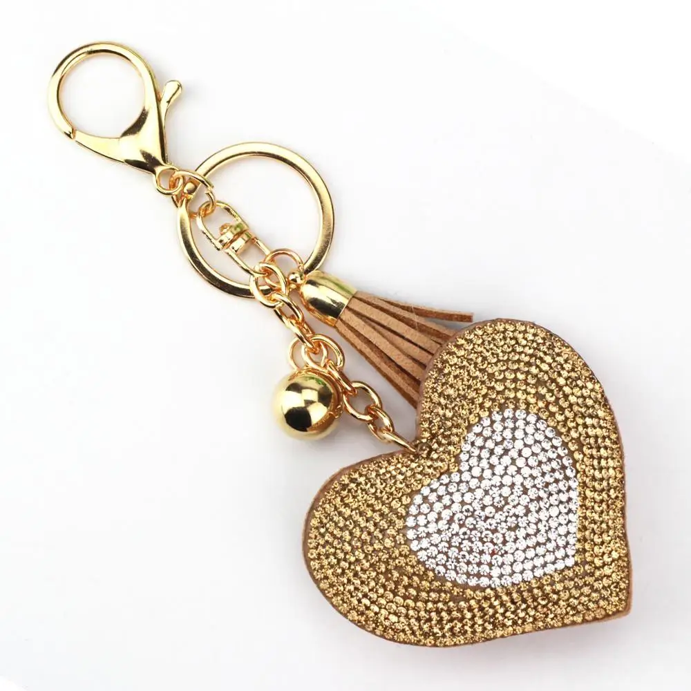 Double Heart Keychain Gold-Plated Leather Tassel Holders Metal Crystal Key Chains Keyring Charm Bag Car Pendant Gift