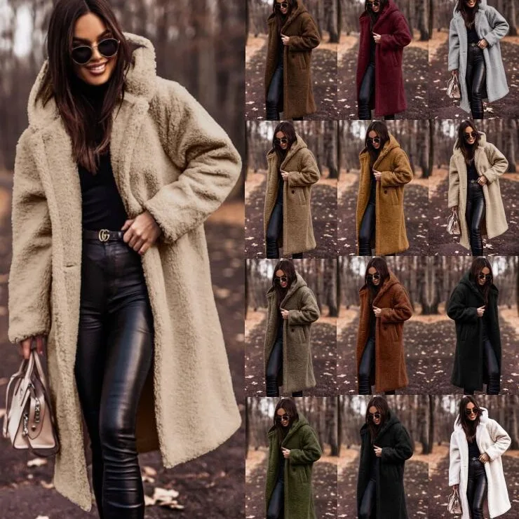 

Women's Autumn Winter 2025 Long Solid Color Woolen Coat - Elegant Long Sleeve Wool Blend Outerwear