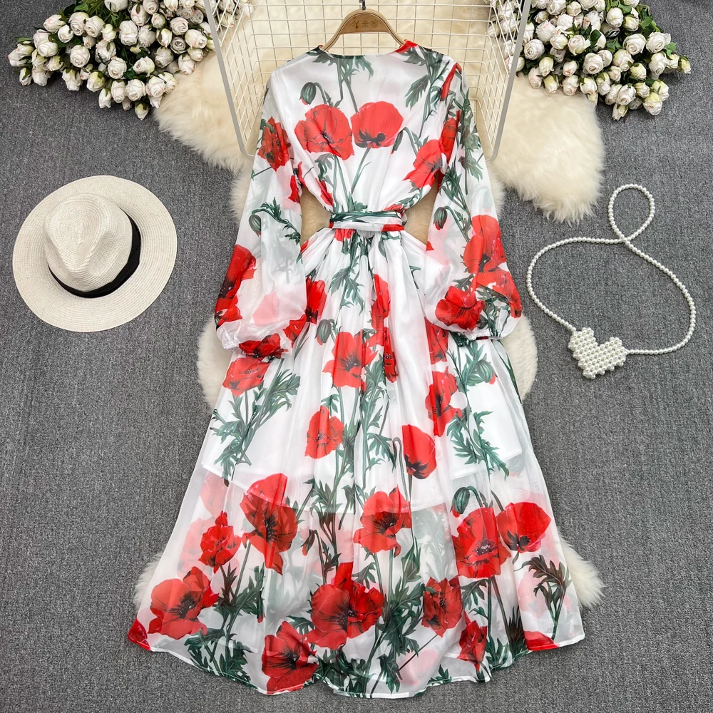 Floral Long Sleeves Clothing Casual Sweet Women Fashion Elegant A Line Party Female Chic Vestido V Neck Lantern Bandage Dress