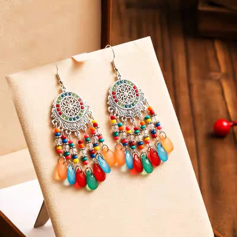 البوهيمي خمر خرز كريستالي شرابة قطرة استرخى أقراط للنساء هندسية اليدوية العرقية بيان بوهو مجوهرات الزفاف #4