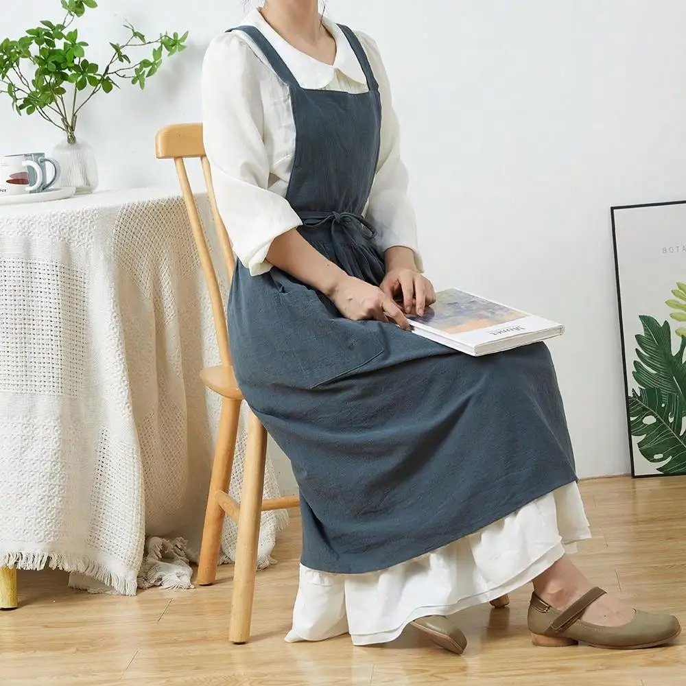 Kurze nordische Wind Falten rock Baumwolle Leinen Schürze Frauen Mädchen Vintage Schürze Gartenarbeit Cross Back Träger Kleid – Detail 10