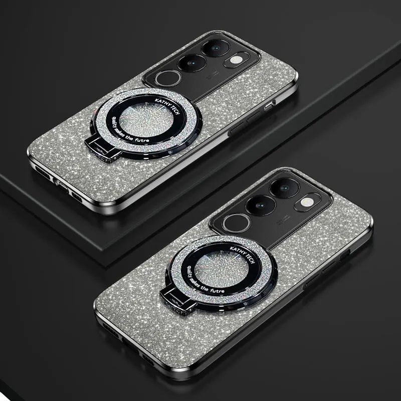 V30 Lite Magnetic Holder Stand Case For Vivo V30 Lite V29 V27 Pro V29E Y78 V21 Luxury Bling Glitter silicone Case Cover On V29