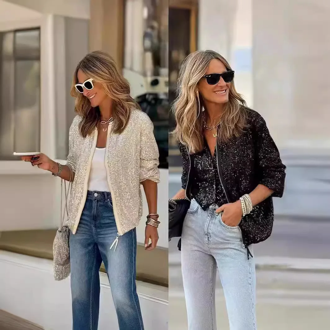 

2024 New Autumn Winter Casual Faion Classic Sequin Nightclub Jaet Women's ort Outerwear Commute Sle Regular Thin