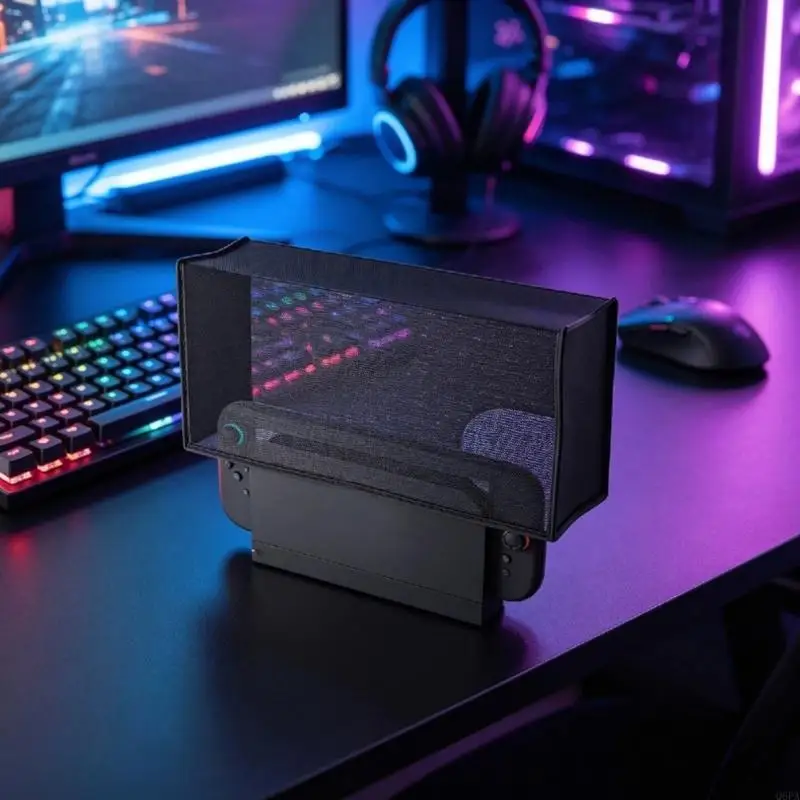 Q6PA Cabinet Gaming Dock Cover with Perforated Front Panel for NS2, Black Textile Dust Barrier, Rear Wire Access, and Reinforced