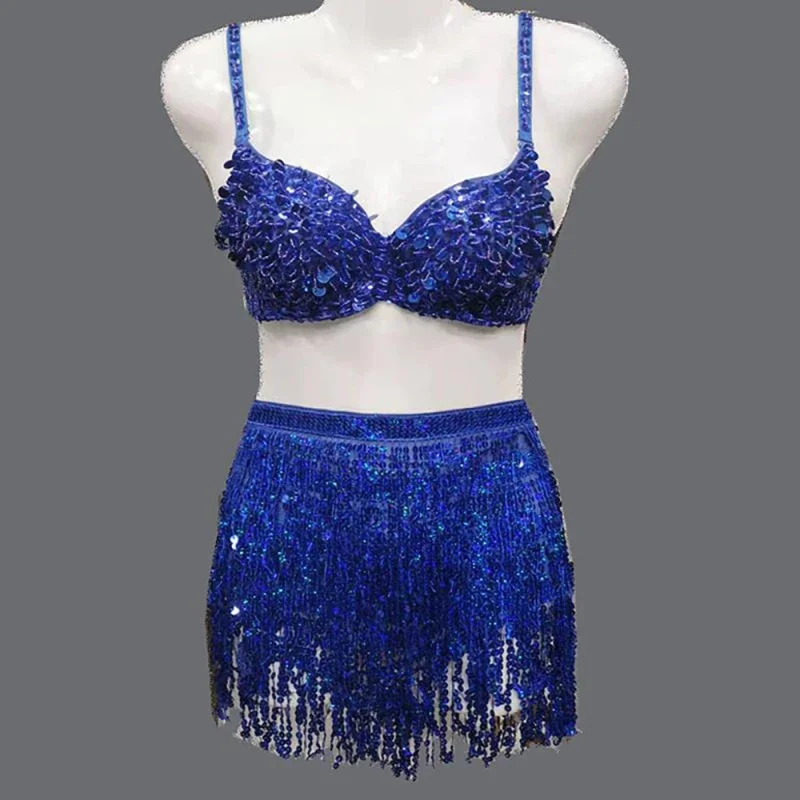 Women's sequin tassel belly dance set, carnival party costume, jazz pole dancer two-piece set, short top and skirt